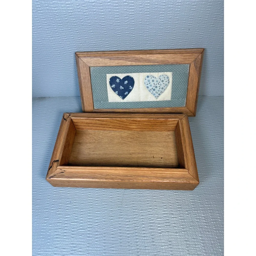 Vintage Oak Trinket Box Quilted Heart Inlay Blue Country Decor